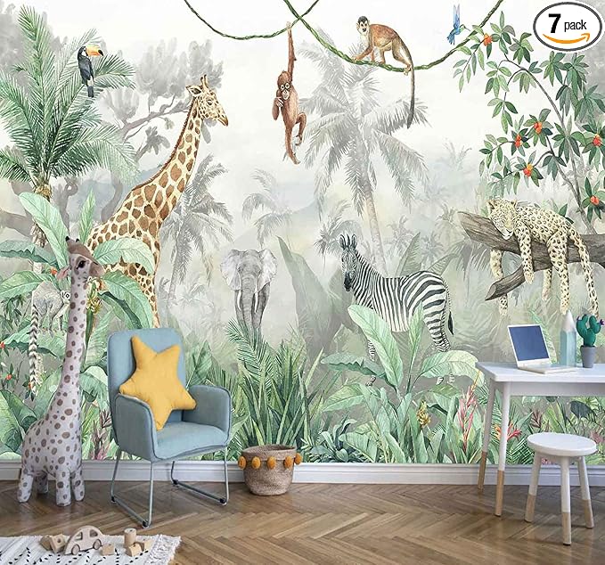 Kids Wallpaper Tropical Leves and Safari Animals Wall Mural for Wall Bedroom Living Room TV Background Sofa Wall（Not Peel and Stick）