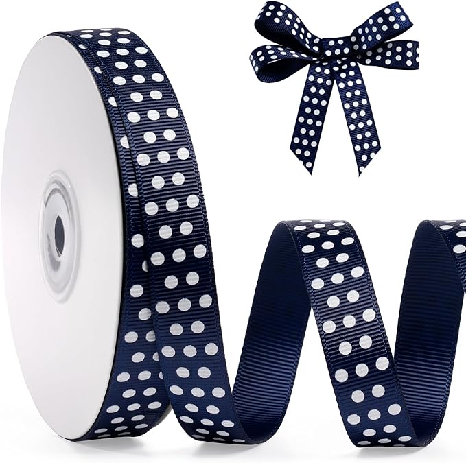 Polka Dot Grosgrain Ribbon 5/8 Inch, 25 Yards Spool Navy Blue and White Dot Craft Ribbon for Christmas Gift Wrapping DIY Crafts Hair Bows Wedding Party Decor Sewing and Home Decoration