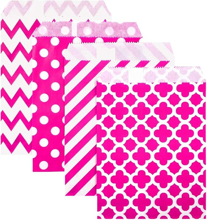 KEYYOOMY 100 Pcs Hot Pink Candy Buffet Bags Small Cookie Bags Polka Dot Paper Treat Bag for Wedding Birthday Party (5 inch x 7 inch)