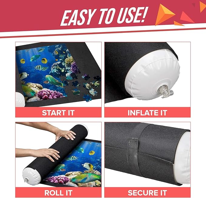 Puzzle Roll Up Mat - Store and Transport Jigsaw Puzzles Up to 1500 Pieces - 46" x 26" Felt Mat, Inflatable Tube, and 3 Elastic Fasteners Newer Improved Design - by Amy and Delle