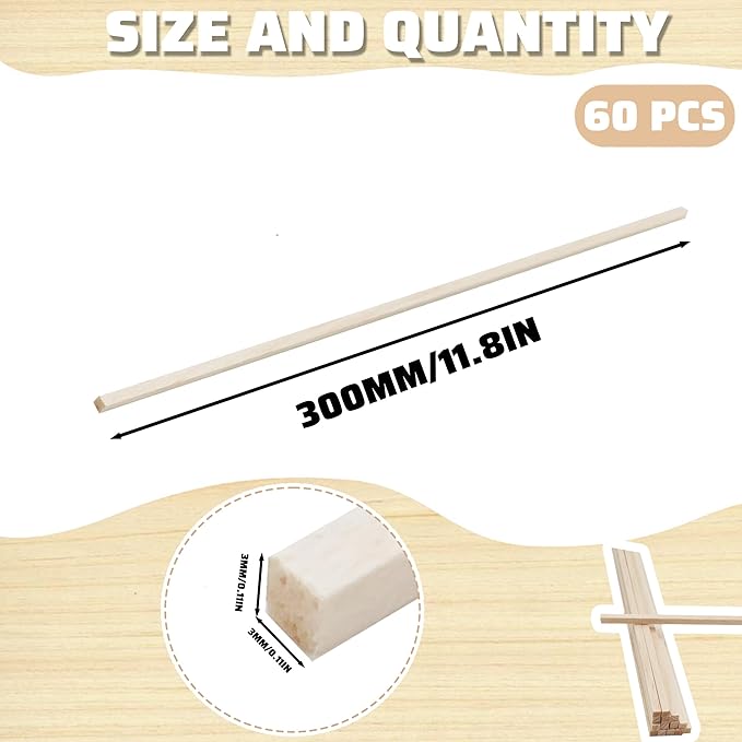 60Pcs Wood Square Dowel Rods 1/8 x 1/8 x 12 inch,Balsa Wood Squares for Crafts,Model Making (1/8"x12"-60pcs)
