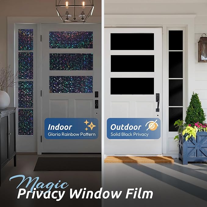 rabbitgoo Blackout Rainbow Window Privacy Film Decorative Stained Glass Diamond Pattern Window Sticker with Iridescent Tint Non-Adhesive Static Cling for Home Office Bathroom, 17.5 x78.7 inch, Black