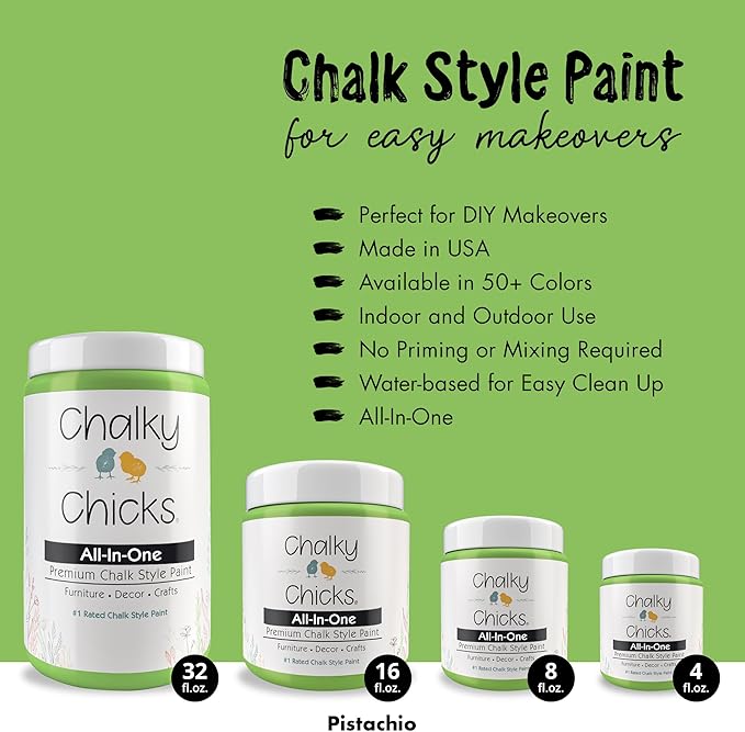 Chalky Chicks All-in-One Chalk Paint for Furniture or Cabinet - 8 Fl Oz - Matte Finish Pistachio (Lime Green) for Metal, Wood Furniture Paint - No Sanding All-in-One for Home Decor & Crafts, USA Made