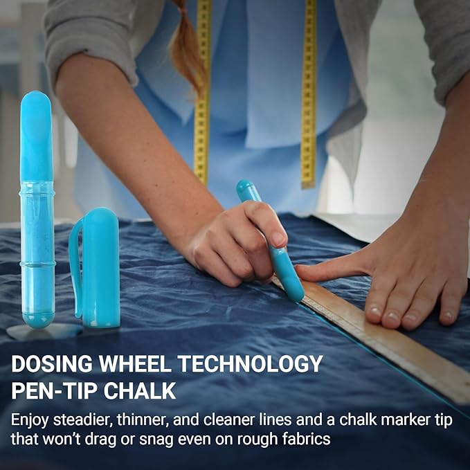 (2-pack) Fabric Chalk Markers -Erase Tailor’s Chalk for Quilting and Sewing - Compatible with Most Fabrics - With Dosing Wheel Technology, Blue & White