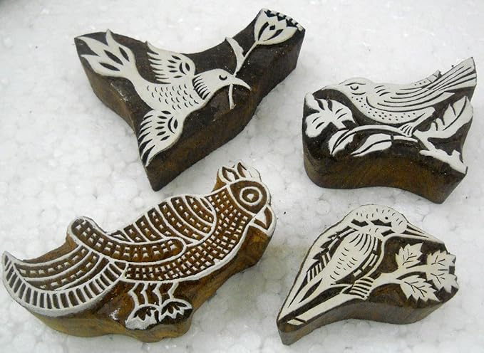 Craftsofindia® Set of 4 Birds Shaped Premium Hand-Carved Wooden Block Stamps for Textile, Paper, Clay, Tattoo - Enhanced Print Impressions