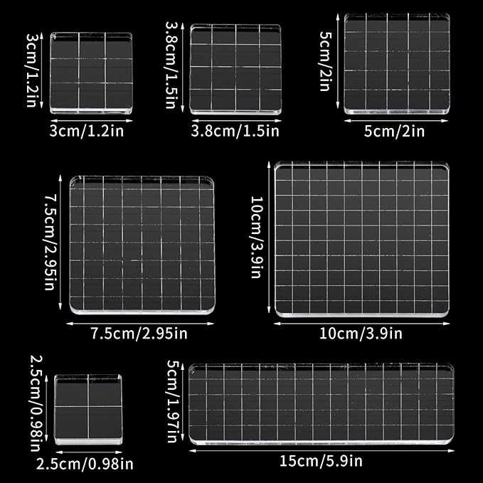 7 Pieces Acrylic Clear Stamp Block Clear Stamping Tools Set Decorative Stamp Blocks with Grid Lines for Scrapbooking Crafts, Card Making, DIY Projects (Assorted Sizes)