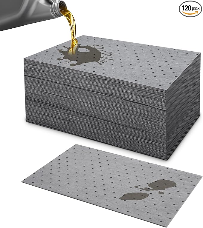 120Pcs 9.8 x 13 Inch Oil Absorbent Pads Oil Mat Water Absorbent Mat Oil Spill Mat for Absorbing Protecting Home Garage Basement Weight Dimpled Pad Replacement Automotive Accessories
