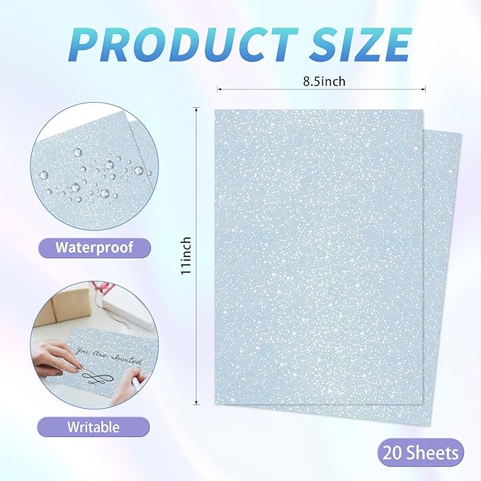 Printable Holographic Sticker Paper,20 Sheets 11 x 8.5''five-pointed star Printable Waterproof Sticker,Rainbow Vinyl Sticker for Inkjet or Laser Printer
