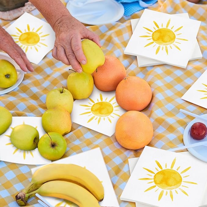 Aodaer 48 Pieces Disposable Sun Paper Napkins Sunshine Birthday Decorations Sun Party Napkins Cocktail Dinner Napkin Set 13" x 13" Unfolded Tableware Napkins for Sun Birthday Party Supplies