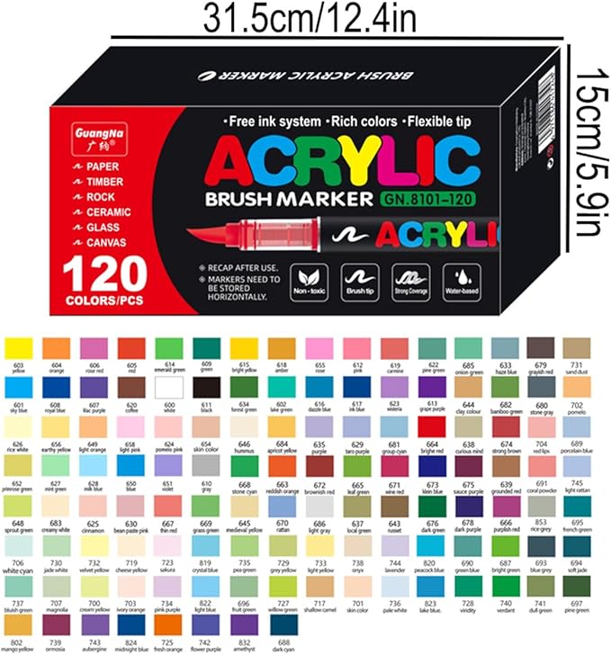 Acrylic Paint Markers Pens, 120 Vivid Colors Acrylic Markers Set,Direct Liquid Type, Stackable Color, Odorless Soft Head，Markers for School，Tooli Art ，Fabric & Creative Crafts (120)