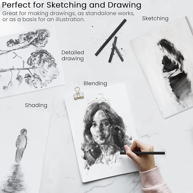 LOONENG Willow Charcoal Sticks, Natural Willow Charcoal for Artists, Beginners or Kids of All Skill Levels, Great for Sketching, Drawing and Shading, Approx 5-7mm in Diameter, Pack of 25