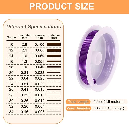 HARFINGTON 5ft Jewelry Wire, 18 Gauge (1mm) Brass Craft Soft Metal Tarnish Resistant Copper Beading Wire for Jewelry Making Supplies Crafting, Purple