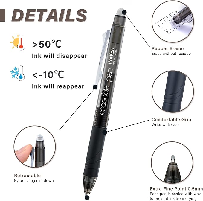 ParKoo Retractable Erasable Gel Pens Clicker Fine Point 0.7 mm, Make Mistakes Disappear, 3 Black/3 Blue Ink Pens with 4 Bonus Refills for Drawing Writing Journaling and Crossword Puzzles