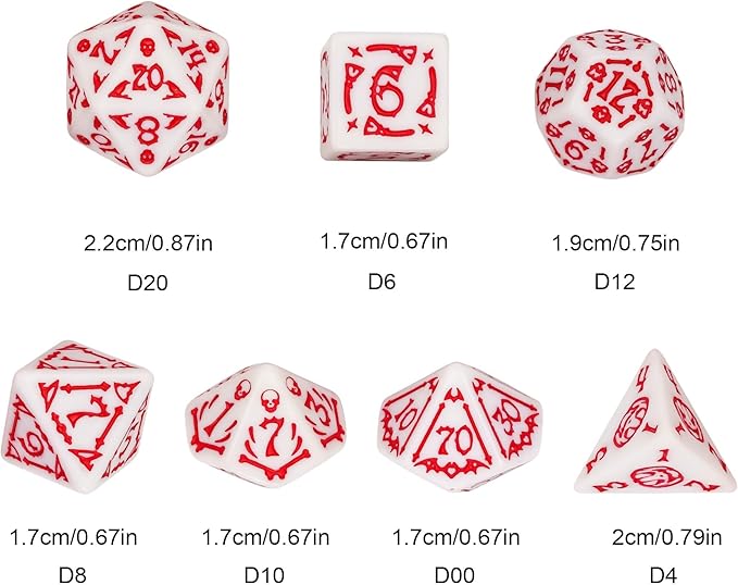 7-Die DND Dice Set Halloween Pattern Polyhedral Dice Set with Leather Bag, Skull Die D&D Die for RPG Table Games (Halloween Pattern-White/Red Number)
