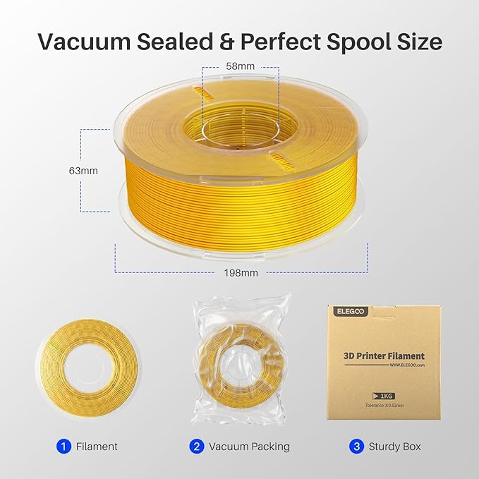 ELEGOO Silk PLA Filament 1.75mm Shiny Gold 1KG, 3D Printer Filament Dimensional Accuracy +/- 0.02mm, 1kg Plastic Spool(2.2lbs) 3D Printing Filament Fits for Most FDM 3D Printers