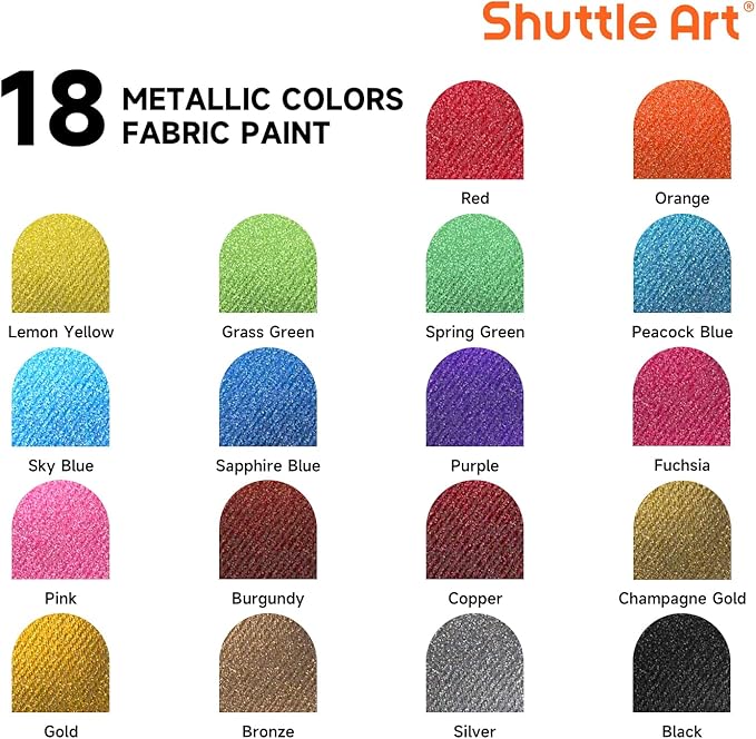 Metallic Fabric Paint, Shuttle Art 18 Metallic Colors Permanent Soft Fabric Paint in Bottles (60ml/2oz) with Brush and Stencils, Non-Toxic Textile Paint for T-shirts, Shoes, Jeans, Bags & DIY Projects