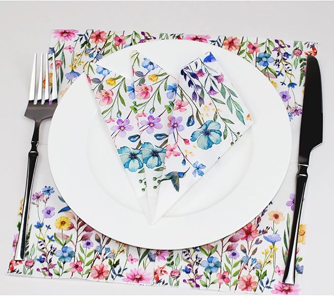 Cocktail Napkins 80 Pack 2 Ply Floral Beverage Luncheon Dinner Paper Napkins Flower Print Disposable Napkins for Wedding Anniversary Celebrations, 5X5 Inches Folded