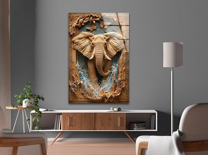My Photostation.com 18Wx28H'' Elephant Carving Glass Wall Art Tempered Glass Printing Wall Decor Large Wall Art Wall Hangings