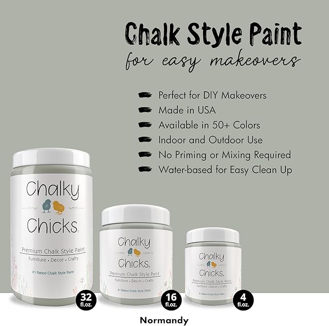 Chalky Chicks All-in-One Chalk Paint for Furniture or Cabinet - 32 Fl Oz - Matte Finish Normandy (Light Gray) for Metal, Wood Furniture Paint - No Sanding All-in-One for Home Decor & Crafts, USA Made
