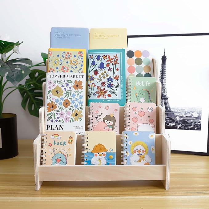 4-Tier Wooden Greeting Card Display Stand, Sticker Organizer Rack, Retail Counter Holder for Postcards and Photos& Stationery Vendors (Burlywood)