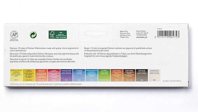 Winsor & Newton Cotman Watercolor Paint Set, 12 Colors, 8ml (0.27-oz) Tubes