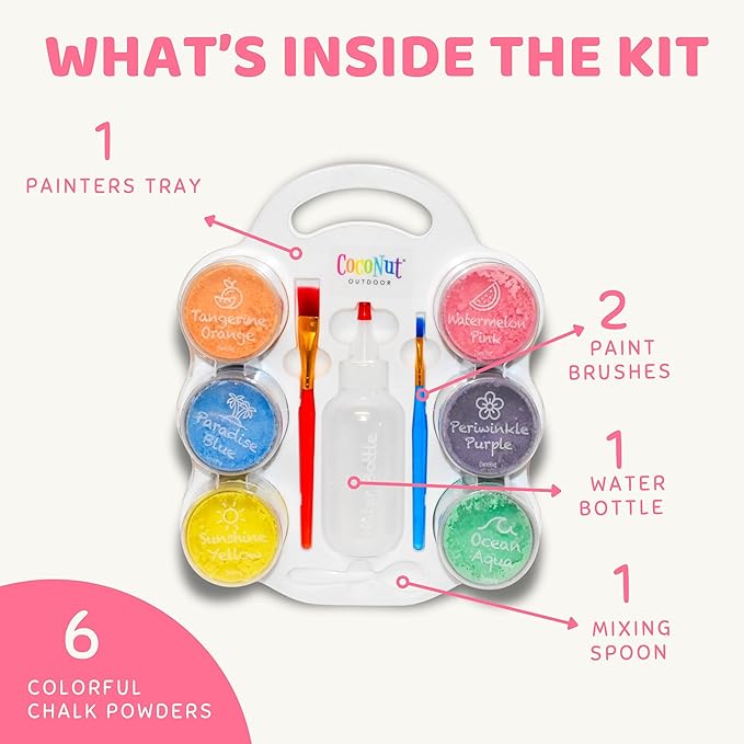 DIY Sidewalk Chalk Paint Set - Non-Toxic, Washable Powdered Chalk - Simply Mix in Water and Use a Paintbrush to Create Colorful Artwork on the Sidewalk or Chalkboard, For Kids Ages 5+
