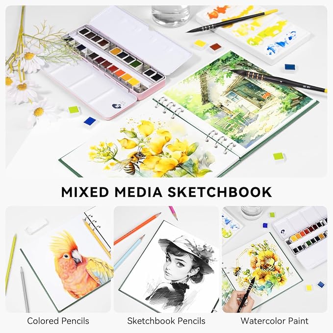 Lightwish Square Watercolor Journal,100% Cotton,300gsm/140lb,Acid-Free,20 Sheets Hot Press Watecolor Paper Sketchbook for Artists Adults Students,7.68 * 7.68 Inches(Dark Green)
