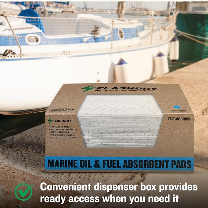 FLASHDRY Marine Oil & Fuel Spill Absorbent Pads - 17.5” x 13.5”, Water Repellent, Effective Spill Control, Marine Protection, High-Performance, Eco-Friendly, Tear Resistant - 300 Pads in Total
