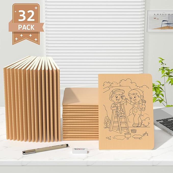 Oucaru Journaling Notebooks A5 Notebook college Blank Sketch Book 32 Pack Small Kraft Notebooks Bulk 8.3x5.5 Inches, Brown Drawing Notebook Soft Cover Steno Pads School Supplies