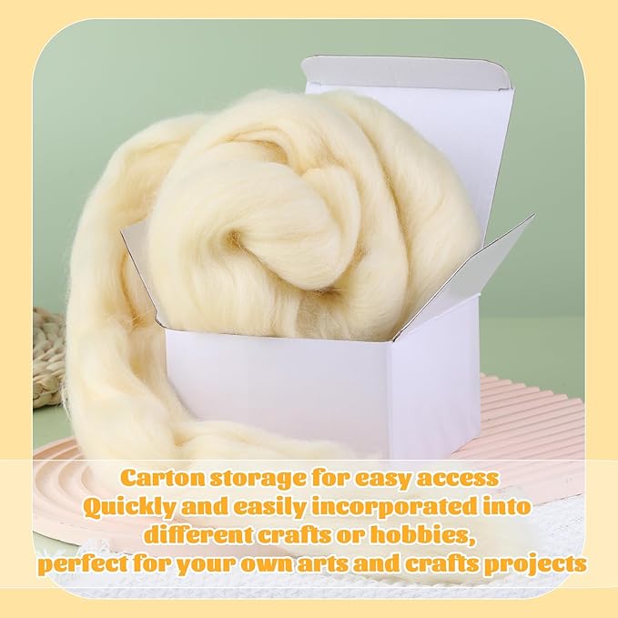 3.53oz Wool Roving Yarn, Wool Felting Supplies, Pure Wools, Chunky Yarn, Spinning Wool Roving for Needle Felting Wet Felting DIY Hand Spinning (Apricot White)