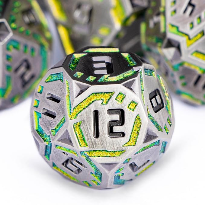 Metal DND Sci-fi Dice Set 7PCS Stripe Polyhedral Dice for Dungeons Dragons RPG Role Playing Game, Glitter D and D Dice with Gift Box D6 D8 D10 D12 D20 (Grey&Green Yellow)