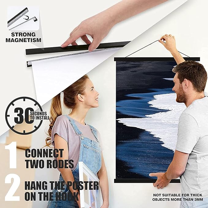 Ywlake Magnetic Poster Hanger, Poster Frame Wood Wooden Magnet Print Posters Dowel Scroll Hanger Hangers Hanging Kit for Walls Map Canvas Artwork (Black, 55"/140cm)