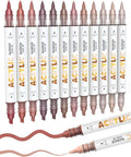 Guangna 12 Red Brown Dual Tip Acrylic Paint Markers, Brush Tip & Chisel Tip Acrylic Paint Pens for Rock, Wood, Glass, Paper, Coloring Book, Ceramic, Canvas, Water-Based Ink