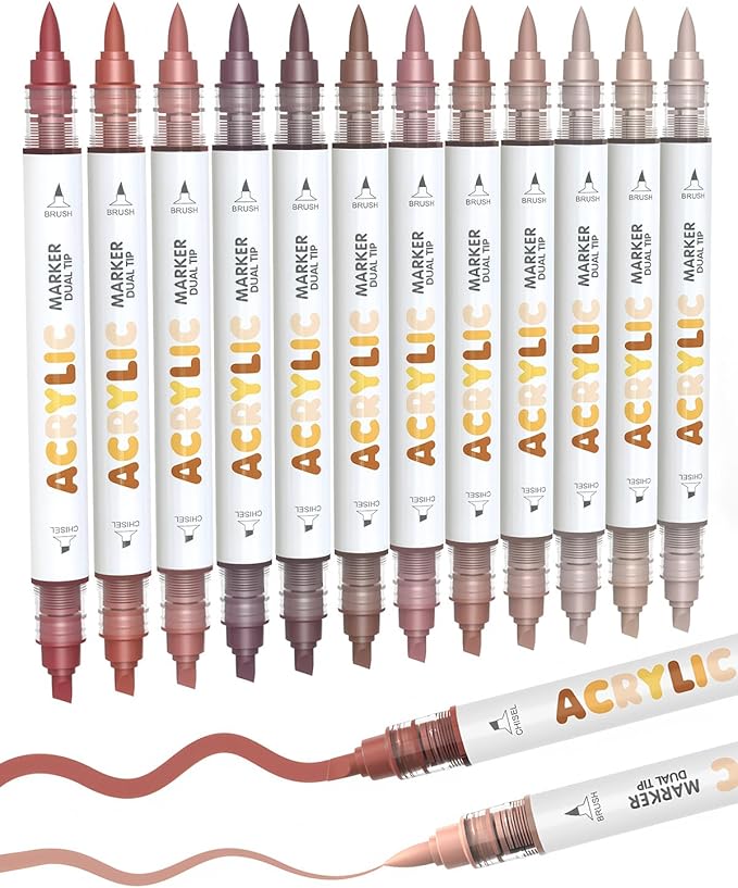 Guangna 12 Red Brown Dual Tip Acrylic Paint Markers, Brush Tip & Chisel Tip Acrylic Paint Pens for Rock, Wood, Glass, Paper, Coloring Book, Ceramic, Canvas, Water-Based Ink