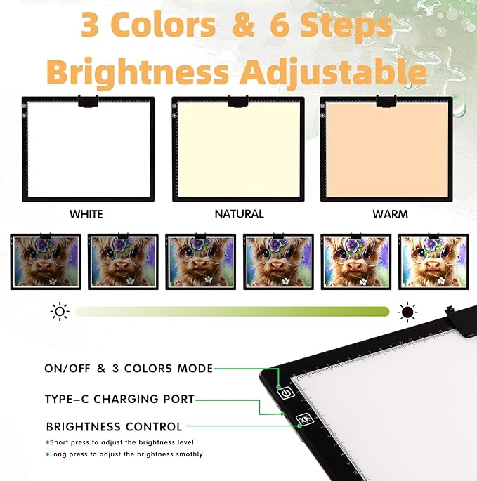 HIUKCOLED Rechargeable A3 Light Pad with Diamond Painting Light Board Carry Bag, Built-in Foldable Stand＆top Clip, 3 Colors/Stepless/6-level Brightness, Battery Powered Wireless LED Tracing Box