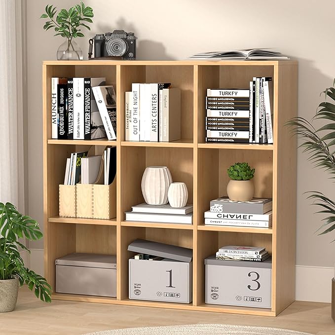Wooden 9 Cube Storage Organizer with Closed Back Panel, Cube Shelf Heavy Duty Cubby Storage Organizer with Compartments for Living,Display Shelf,Bookshelf,Storage Furniture (Oak, 9-Cube)