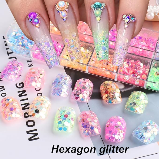 Holographic Nail Art Glitter Iridescent Flakes Nail Foil 12 Grids and Mermaid Flake Glitter Sequins 12 Grids,Colorful Fluorescent Glass Acrylic Nails Supplies Sticker for Make Up