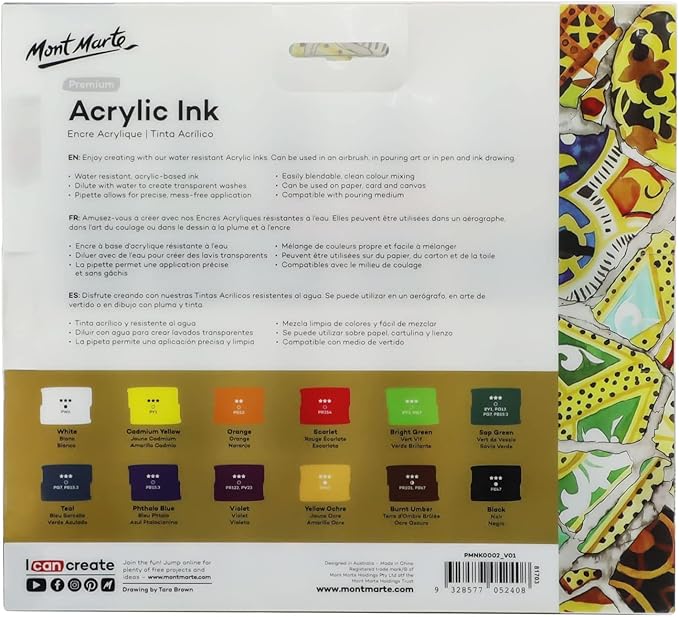 Mont Marte Acrylic Ink Premium 12pc x 20ml (0.7 US fl.oz), Acrylic Inks for Artists, Essential Colors, Ideal for Air Brush, Pouring Art, Scrapbooking, Ink Drawing, Mixed Media