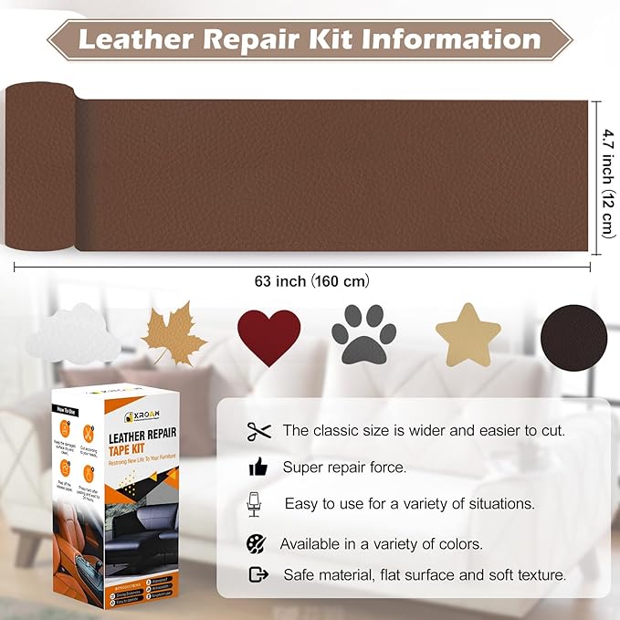 Leather Repair Tape, 4.7x63 inch Leather Patches for Furniture, Self Adhesive Leather Repair Patch for Sofas, Couches, Leather Covers, Seats, Chairs, Vinyl Repair Tape Retro Dark Beige