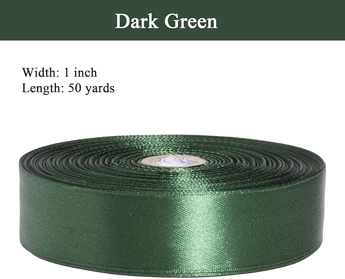 1 Inch Dark Green Solid Satin Ribbon, 50 Yards Craft Fabric Ribbon for Gift Wrapping Floral Bouquets Wedding Party Decoration