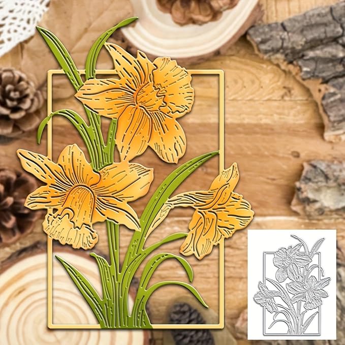 Lapoo Flowers Metal Cutting Die for Scrapbooking - Durable, Cut Stencils for DIY Scrapbook Photo Album Decorative Paper Card, Card Making Supplies, Embossing (Narcissus Flower Frame 4 x 3.1 in)