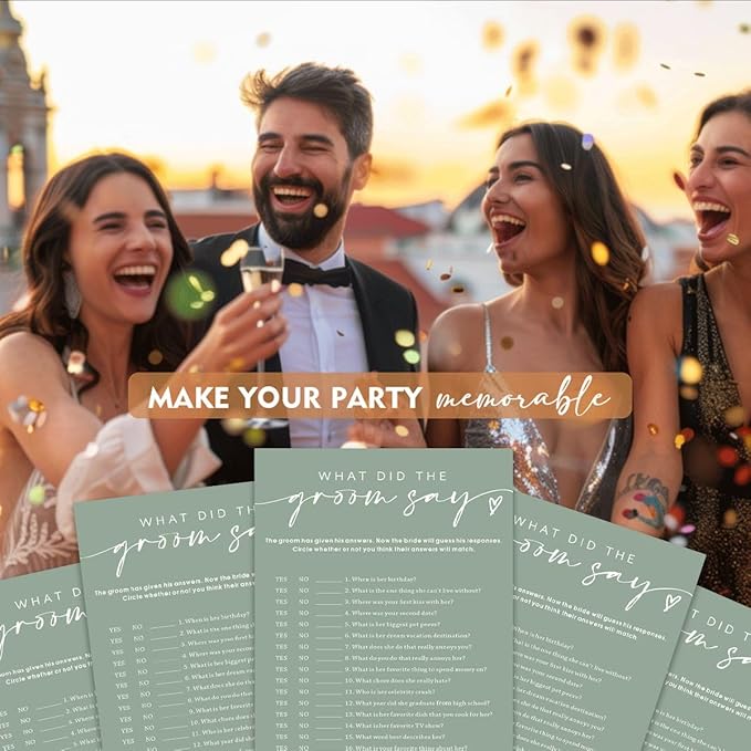 Bridal Shower Games Cards & What Did the Groom Say - 25 Guest Engagement Party Wedding Games - Minimalist Green Wedding Party Supplies - C12