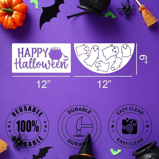 Halloween Stencils for Painting on Wood 12” Halloween Stencil Hey Boo Ghost Face Pumpkin Bats Spider Templates for Door Hanger Porch Sign Doormat