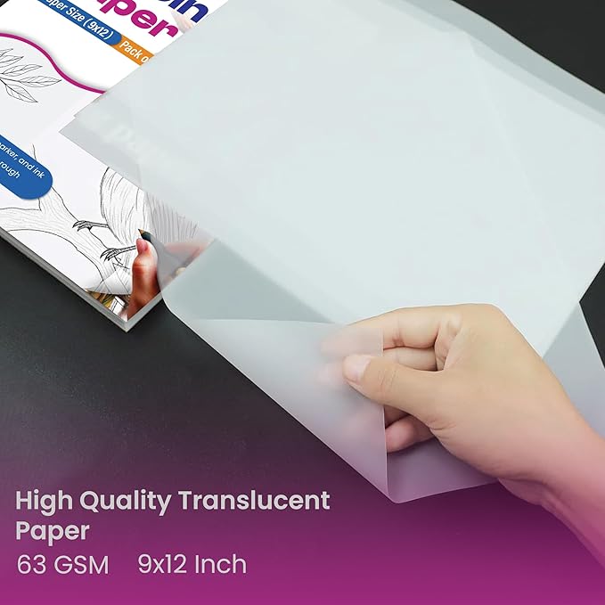 Tracing Paper 9 x 12 Inch - 50 Sheets 41lb/63gsm Transparent Vellum Paper for Sketching, Preliminary Drawing, Drafting & Overlays - Premium Translucent Tracing Paper for Pencil, Marker and Ink
