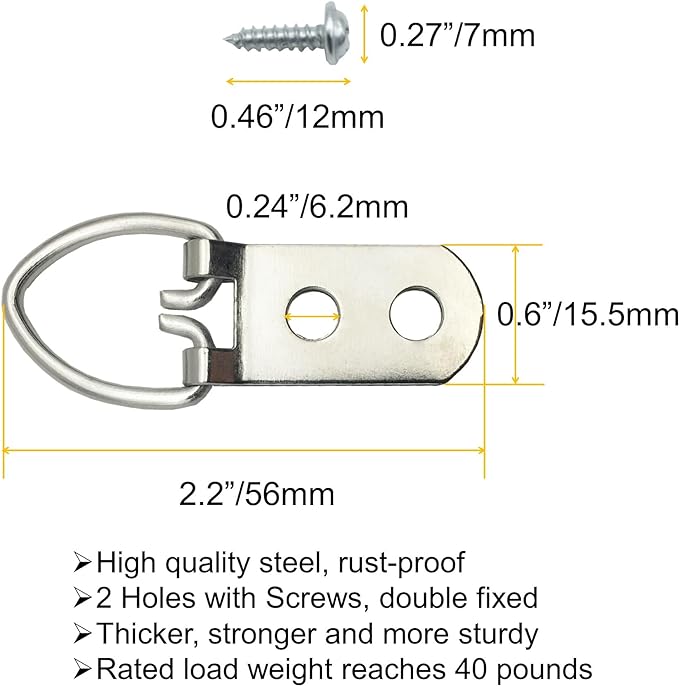 40 Pack D-Ring Steel Picture Hangers Heavy Duty with Screws Picture Frames Double Holes Clasp Picture Hang Solutions