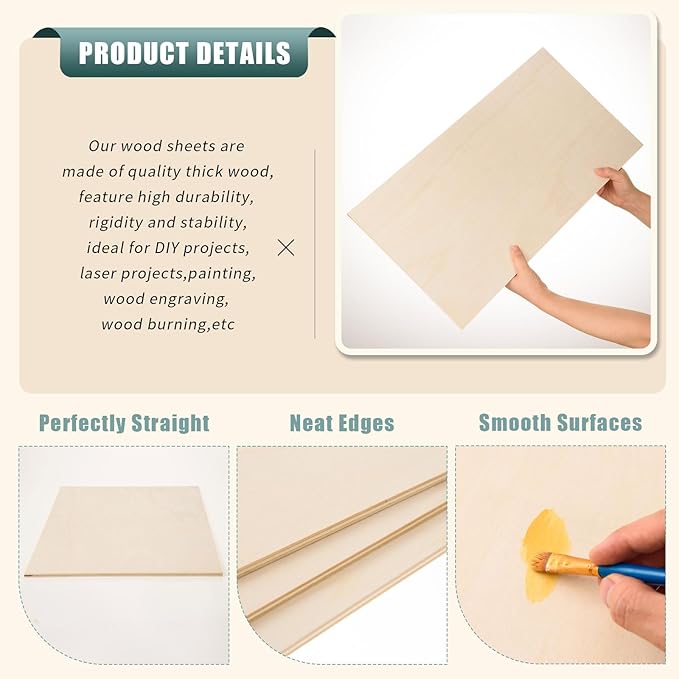 12 Pack 12 x 24 x 1/4 Inch-6mm Thick Basswood Sheets for Crafts Unfinished Plywood Sheets Rectangular Wood Panel Boards for DIY Laser Project, Wood Burning, Engraving, Architectural Models, Staining