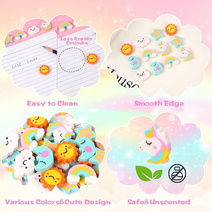 Wolpoark Christmas Unicorn Erasers for Kids 48pcs Bulk Rainbow Moon Star Cute Novelty Pencil Erasers for Thanksgiving Girls Student Ofiice Back to School Supplies Classroom Prizes Party Favors