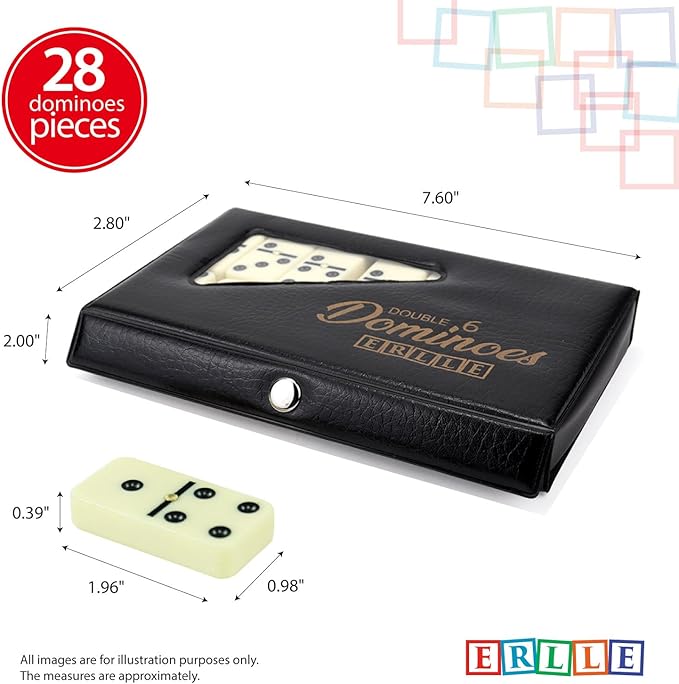 ERLLE - Premium Double 6 Dominoes Set, Classic Domino Game with Vinyl Case, Tiles for Adults & Kids, Mexican Train & Family Game Night