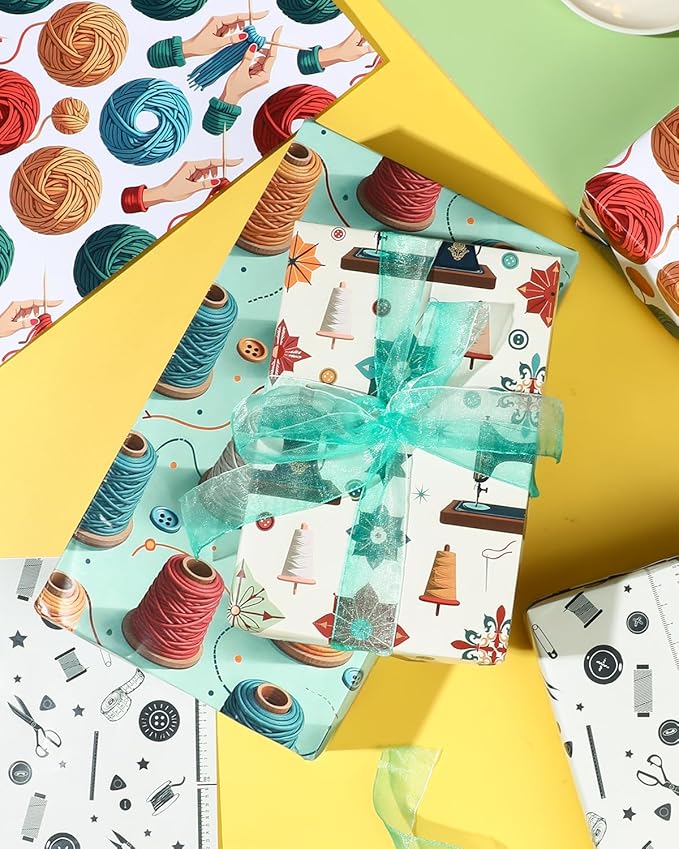 Pineraap 12 Sheets Sewing Theme Wrapping Paper, Vintage Sewing Machine, Button, Yarn Printed Gift Wrap Folded Flat Craft Paper for Sewing Lovers, Seamstress, Women, Mom, Grandma, 19.7 x 27.6 Inch