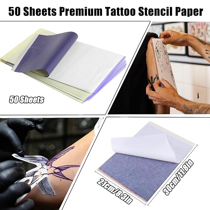50 Sheets Tattoo Transfer Paper A4 Size Professional Thermal Stencil Paper for Artists, Dual Use with Copier or Hand Drawing, Cut-to-Fit Design